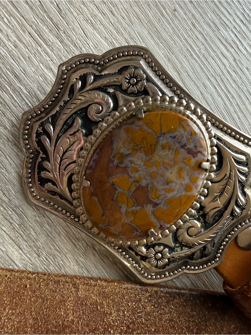 Vintage Yellow Agate Stone Western Belt Buckle